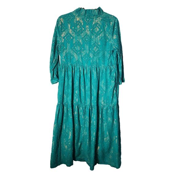Crown & Ivy Sz S Cotton Green Embroidered Gold Metallic Midi Dress Tiered Ruffle - Picture 3 of 9